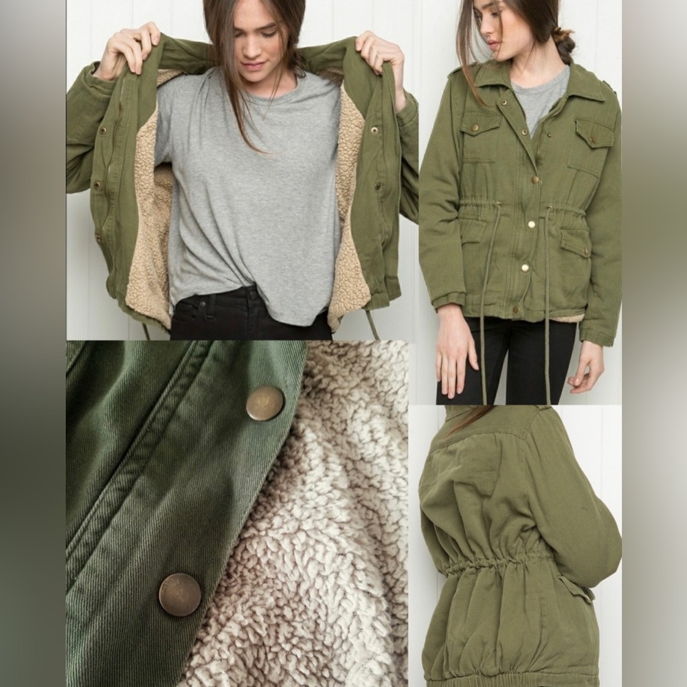 Brandy Melville Doris jacket faux fur fleece lined green one size - Picture 2 of 11